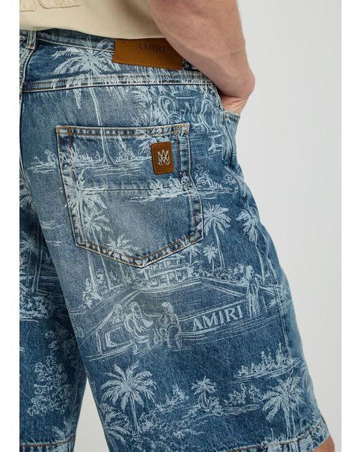 Amiri Blue Palm Printed Denim Shorts for men