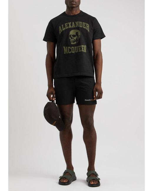 Alexander McQueen Black Logo-Embroidered Shell Swim Shorts for men