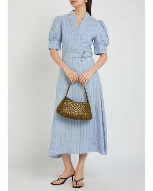 Rebecca Vallance Blue Effie Pinstripe Belted Linen-Blend Midi Dress