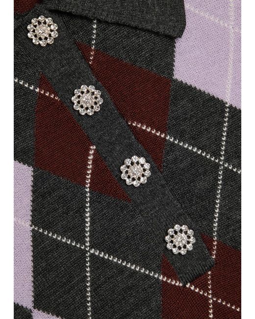 Self-Portrait Black Argyle Wool Polo Top