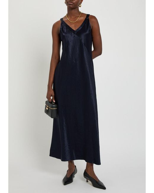 Eileen Fisher Blue Crinkled Satin Midi Dress