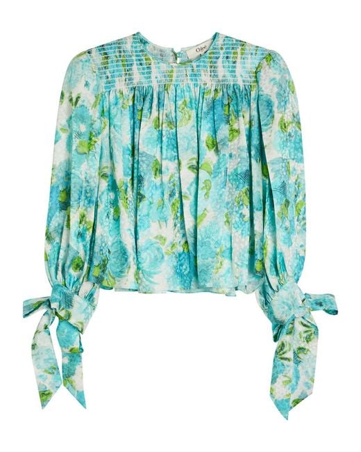 Chloé Blue Printed Cropped Silk Blouse
