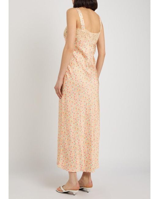 Rixo Natural Rosamarie Floral-Print Satin Midi Dress