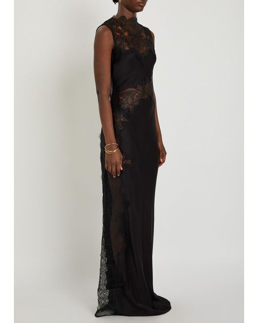 Shona Joy Black Jamila High-Neck Lace Satin Maxi Dress