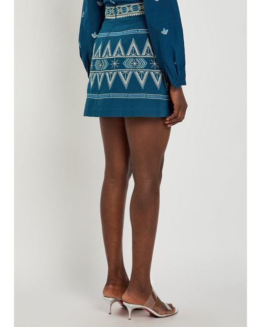 Emporio Sirenuse Blue Giuliana Embroidered Linen-Blend Mini Skirt