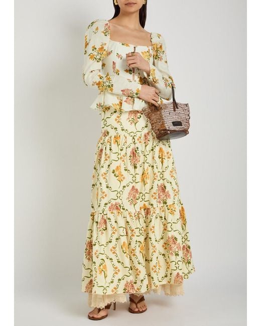 Agua Bendita Metallic Anis Floral-Print Linen Maxi Skirt