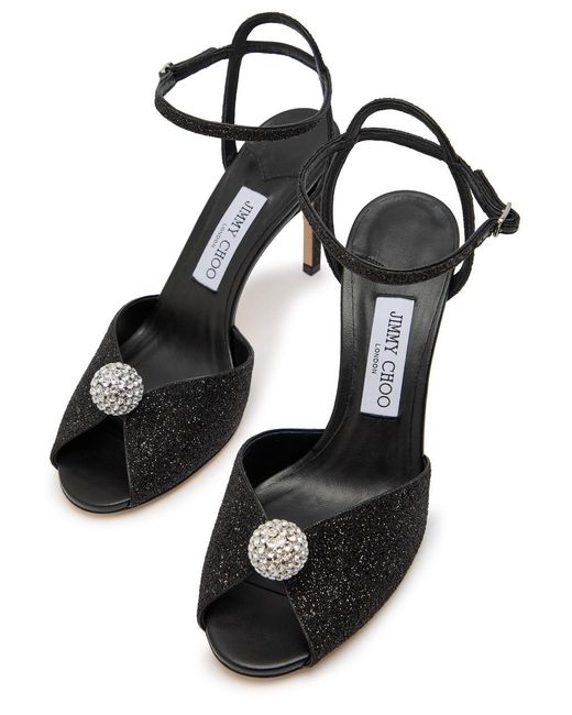 Jimmy Choo Black Sacora 85 Glitter Metallic Leather Sandals