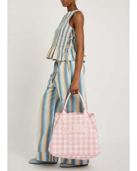 Ganni Pink Vichy Xxl Checked Shopper Canvas Tote