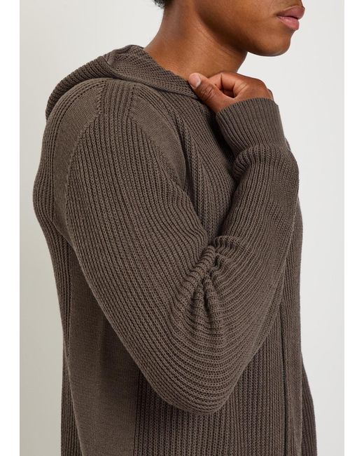 Rick Owens Brown Hooded Zip-Through Ribbed-Wool Jumper for men