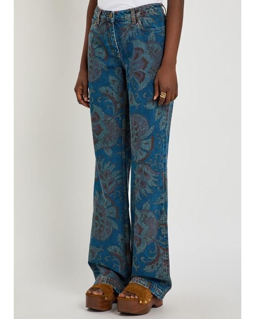 Etro Blue Floral-Print Straight-Leg Denim Jeans