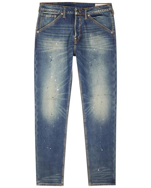 Evisu Blue Paint-splattered Slim-leg Jeans for men
