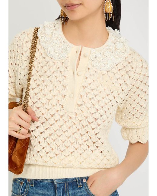Chloé Natural Lace-Embellished Pointelle-Knit Top