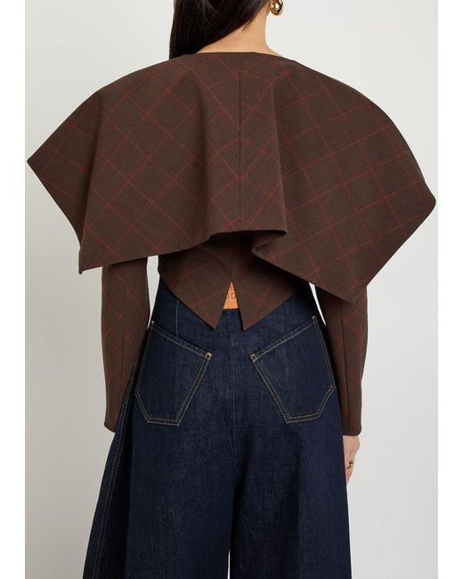 A.W.A.K.E. MODE Brown Oversized-Collar Checked Cropped Jacket