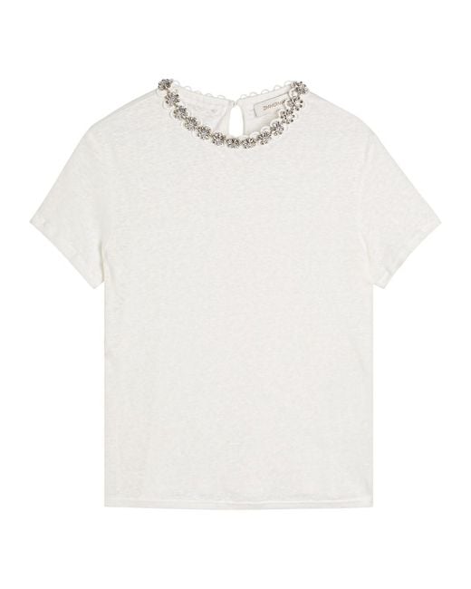 Zimmermann White Embellished Slubbed Linen T-Shirt