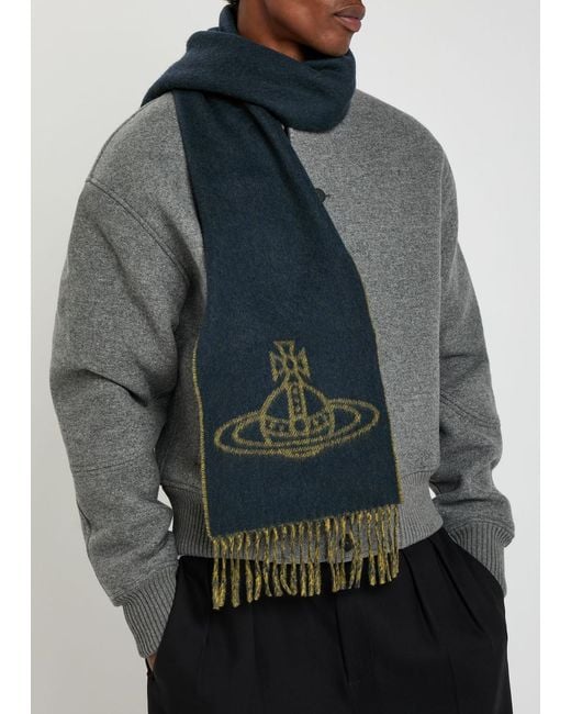 Vivienne Westwood Blue Orb-Intarsia Wool Scarf for men