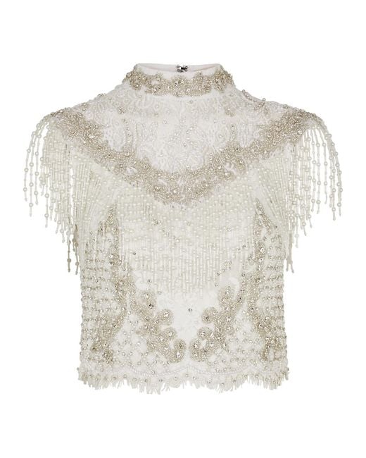 Alice + Olivia White Pria Embellished Lace Top
