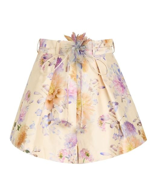 Zimmermann Natural Luna Floral Belted Silk-Blend Shorts