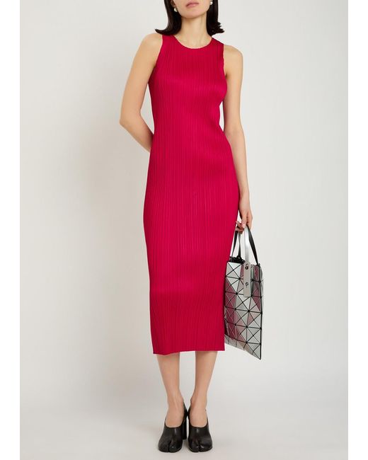 Pleats Please Issey Miyake Red Pleated Woven Midi Dress