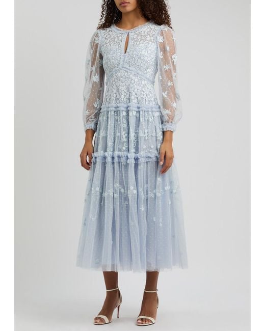 Needle & Thread Blue Autumn Lace Embroidered Tulle Maxi Dress