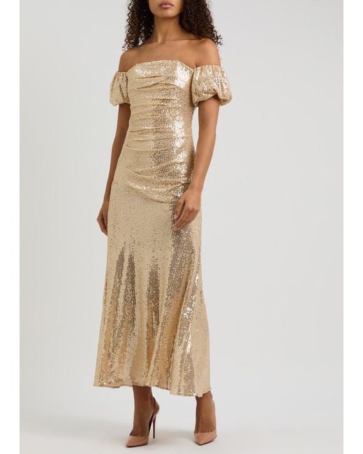 Needle & Thread Natural Sunbeam Valentina Sequin-Embellished Off-The-Shoulder Tulle Gown