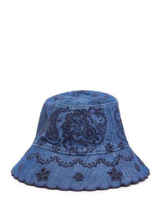 Zimmermann Blue Paisley Embroidered Denim Bucket Hat