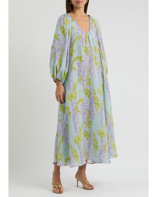 BERNADETTE Blue Georgette Floral-Print Linen Maxi Dress