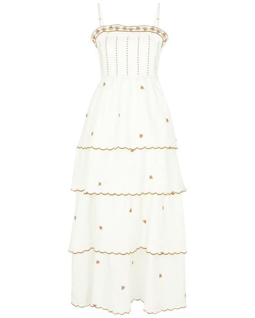 Lug Von Siga White Aurora Embroidered Linen-Blend Midi Dress