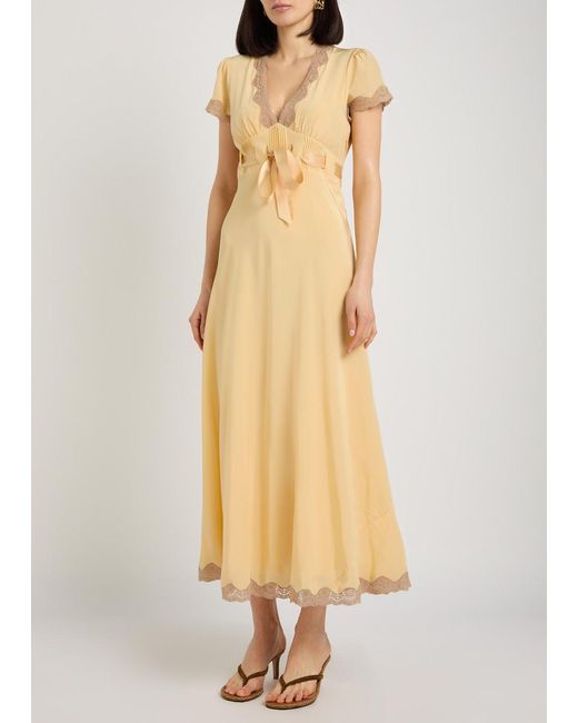 Rixo Metallic Marlice Lace-Trim Silk Midi Dress
