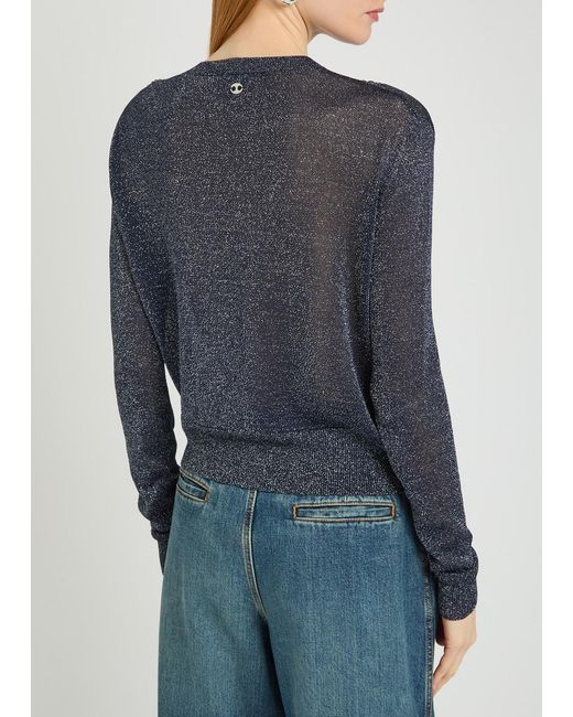 Rabanne Blue Embellished Metallic-Knit Cardigan