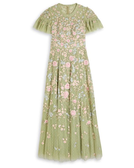 Needle & Thread Green Antoinettes Floral-Embroidered Tulle Gown