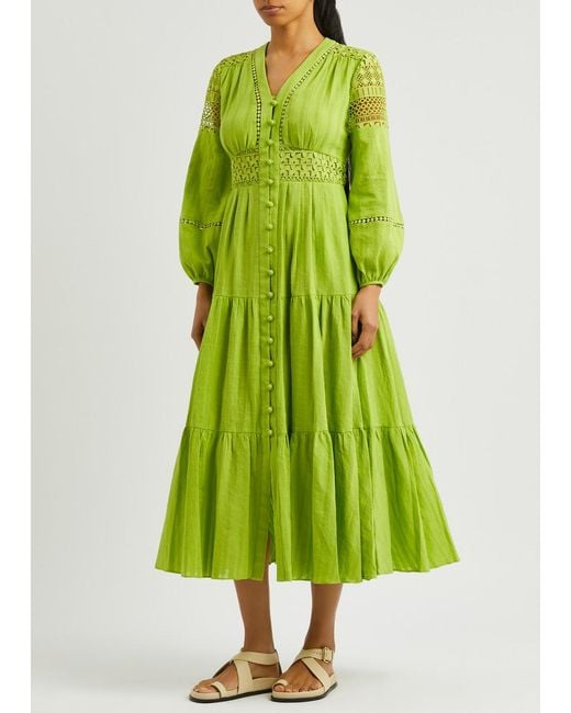 Diane von Furstenberg Green Gigi Tiered Cotton Midi Dress