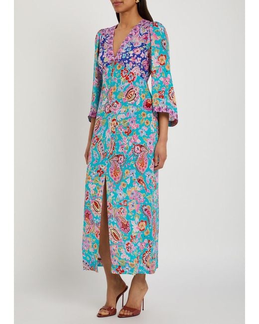 Rixo Blue Dahlia Floral-Print Silk Midi Dress