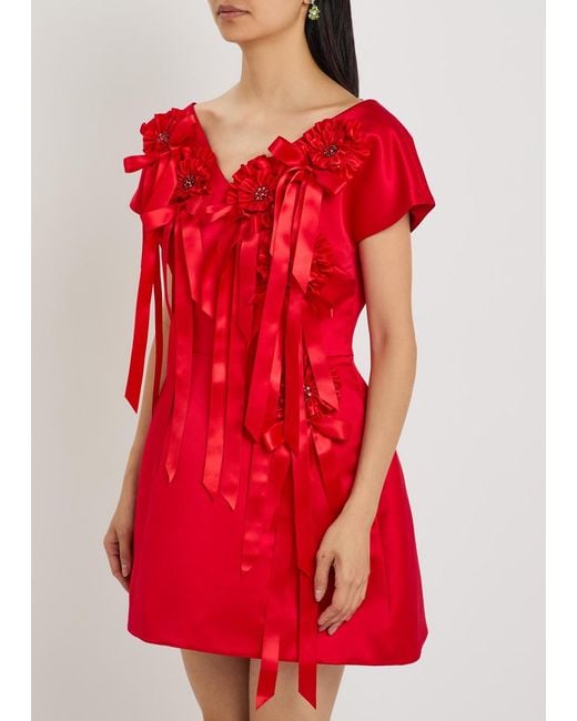 Simone Rocha Red Rosette-Appliquéd Duchess Satin Mini Dress