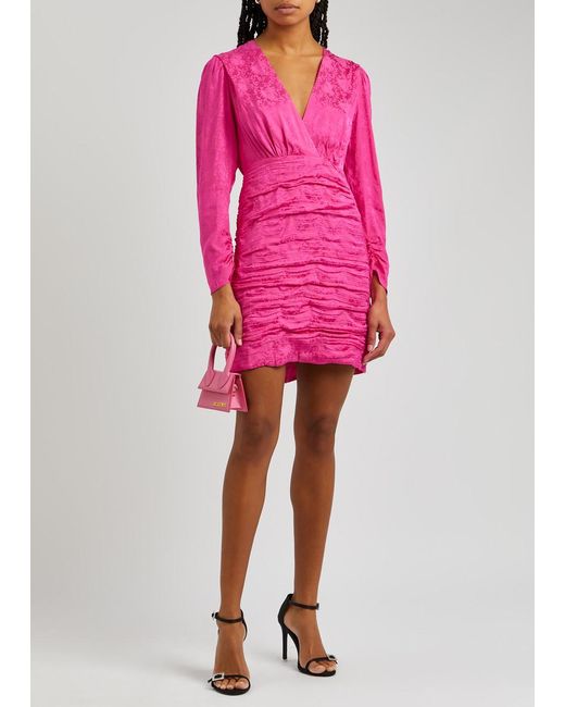 Rixo Pink Golden Floral-jacquard Satin Mini Dress