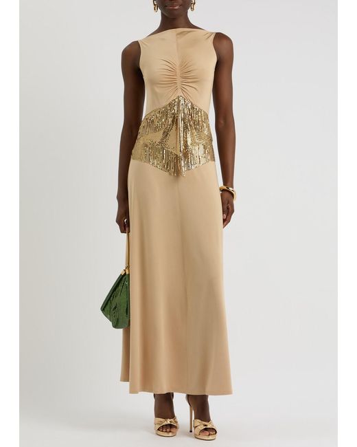 Rabanne Natural Chainmail-Embellished Stretch-Jersey Maxi Dress