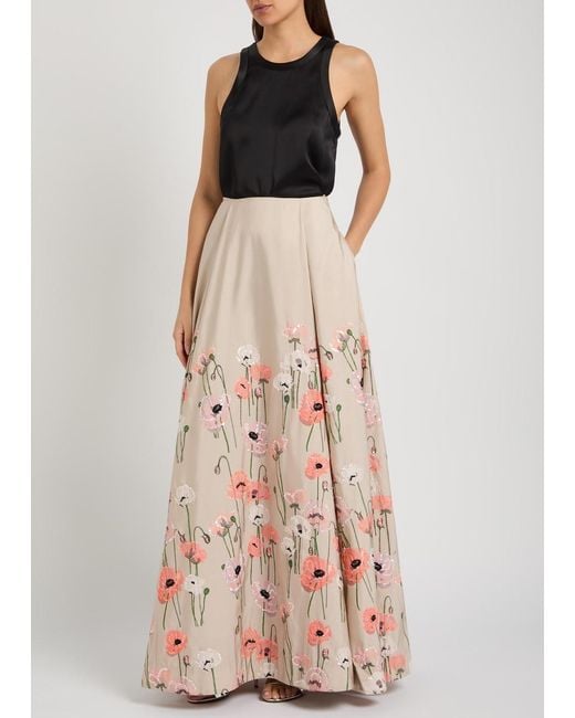 BERNADETTE Natural Kennedy Floral-Embellished Satin-Poplin Maxi Skirt