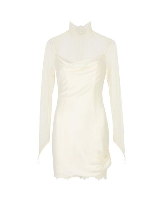 De La Vali White Croissant Silk-Satin And Lace Mini Dress