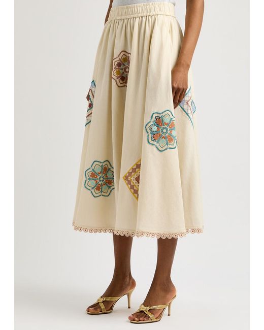 Zimmermann Natural Ottie Doily Crochet-Panelled Cotton Midi Skirt