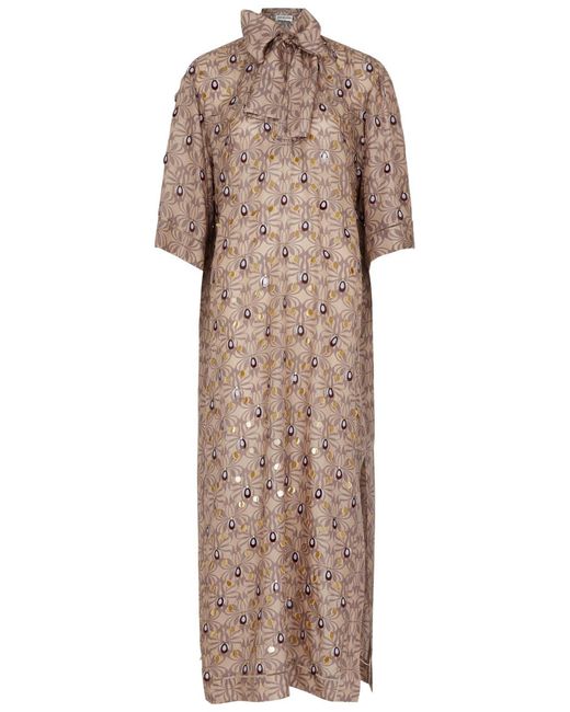 Dries Van Noten Natural Dalmo Embellished Printed Silk-Satin Maxi Dress