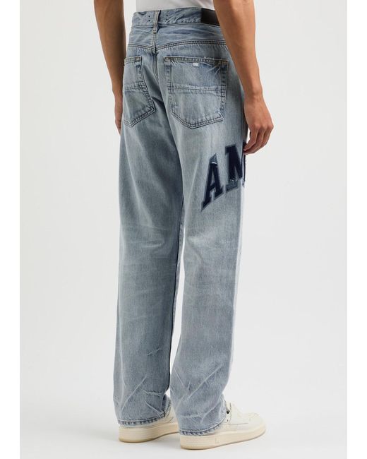 Amiri Blue Logo Distressed Straight-Leg Jeans for men