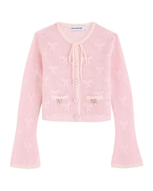 Self-Portrait Pink Bow Open-Knit Cardigan