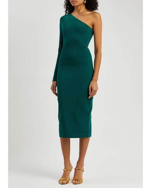 Victoria Beckham Green Glittered One-shoulder Stretch-knit Midi Dress