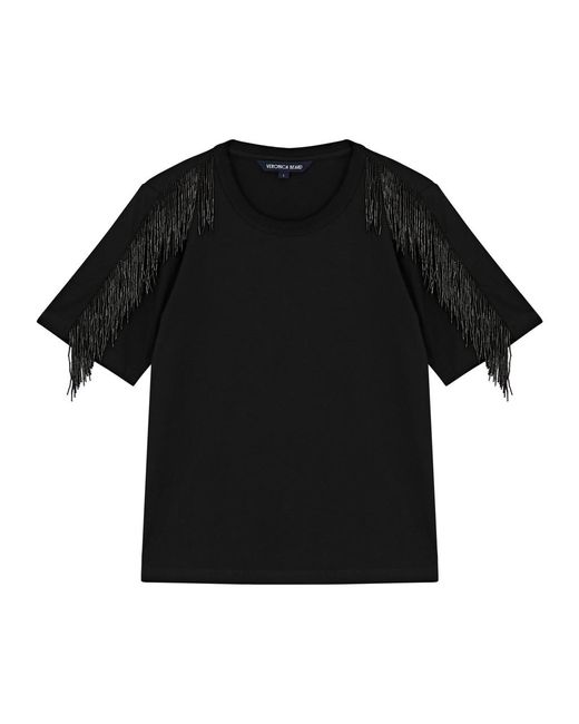 Veronica Beard Black Scala Fringe-trimmed Cotton T-shirt