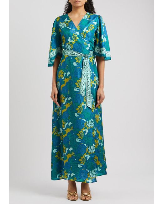 Hannah Artwear Blue Antonia Printed Silk Maxi Wrap Dress