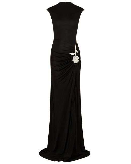 David Koma Black Floral-Embellished Satin-Jersey Gown