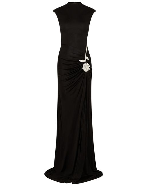 David Koma Black Floral-Embellished Satin-Jersey Gown