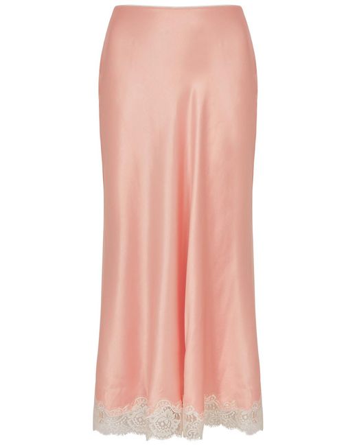 Rixo Pink Ardith Lace-trimmed Satin Midi Skirt