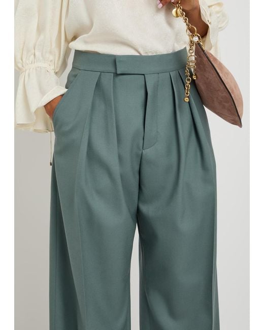 Chloé Green Pleated Straight-Leg Wool Trousers