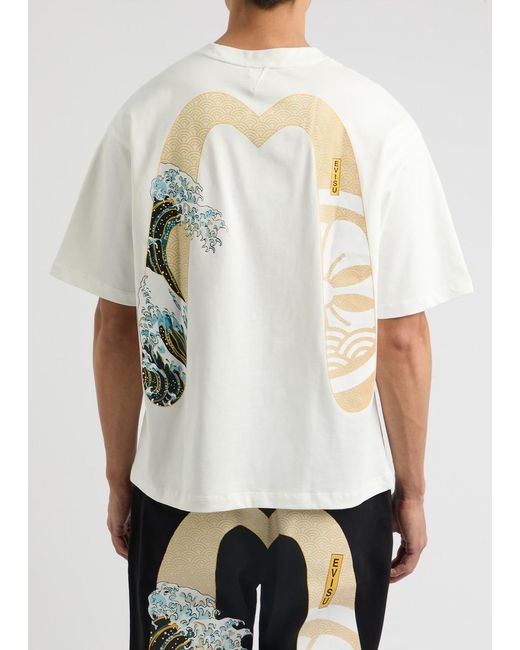 Evisu White Kamon And The Great Wave Printed Cotton T-Shirt for men