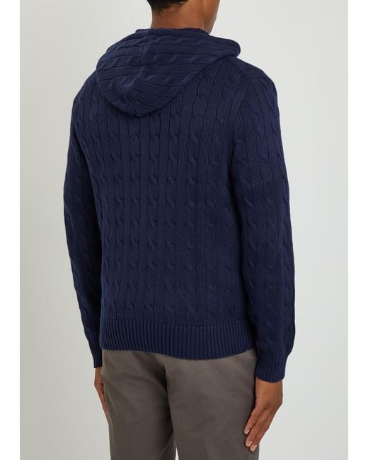 Polo Ralph Lauren Blue Logo-Embroidered Hooded Cable-Knit Cotton Jumper for men